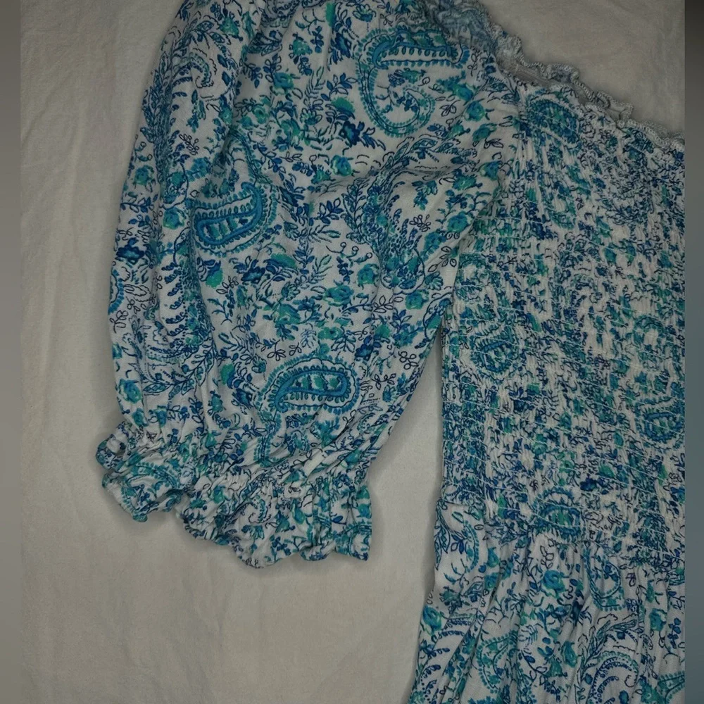 City Studio Blue Paisley Print Puff Sleeve Smocked Mini Dress - Teen Size M